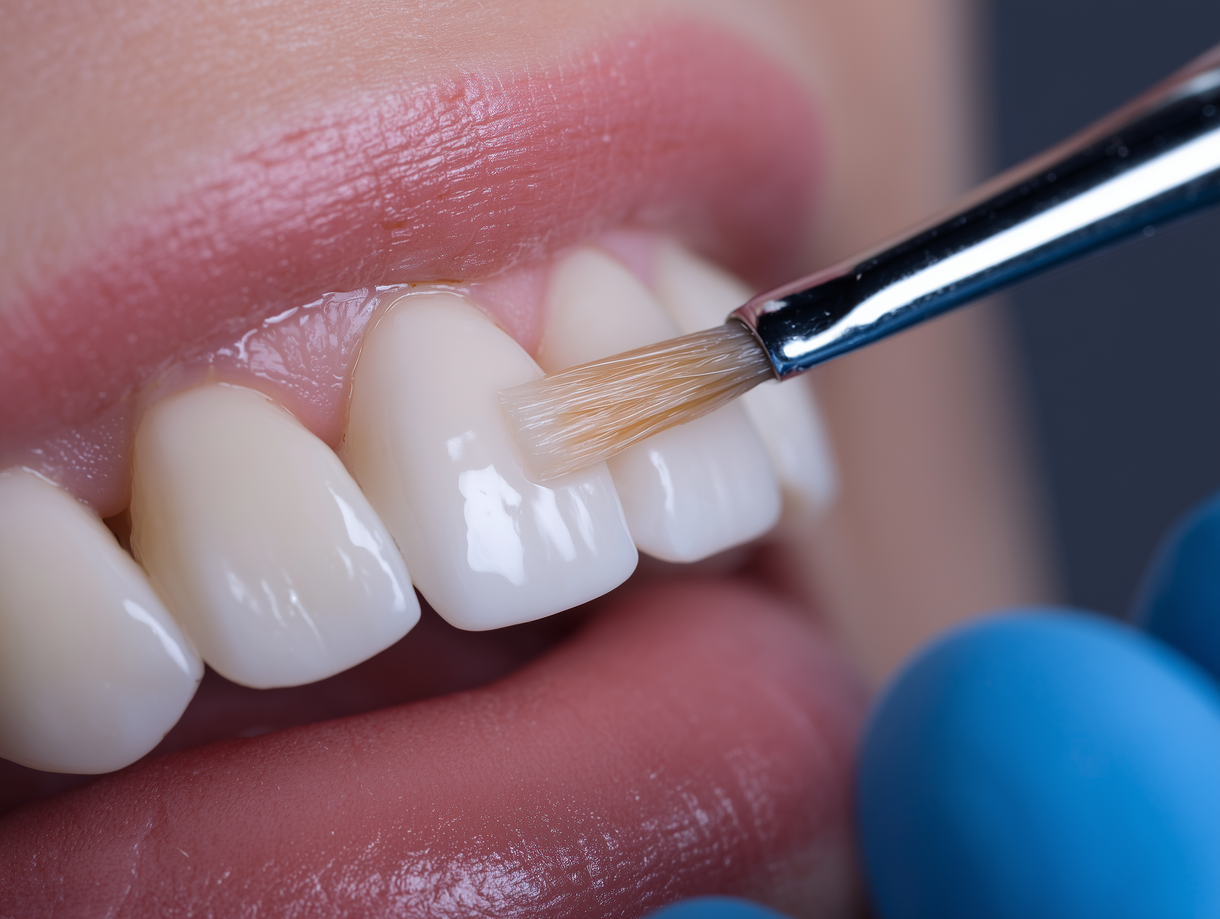 A close-up view of a cosmetic dentist performing a dental bonding procedure, where tooth-colored resin is applied with a fine brush