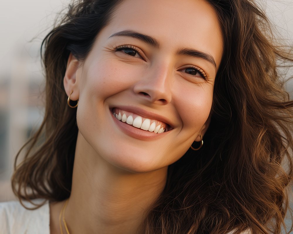 Smiling woman with composite veneers with Istanbul view behind