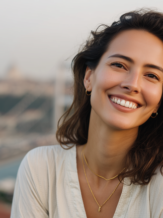 Smiling woman with composite veneers with Istanbul view behind