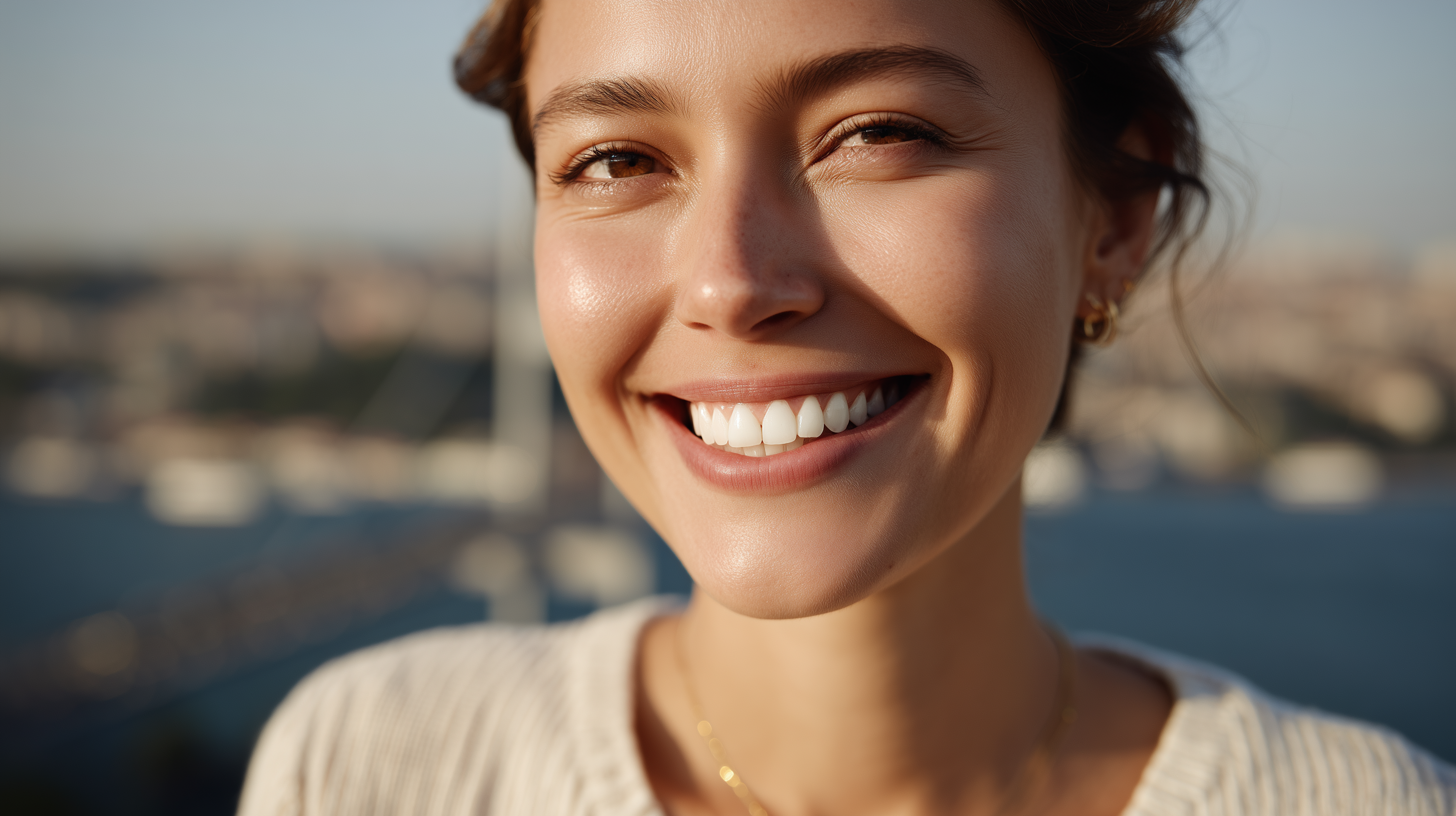 A smiling woman with perfect white veneers in Istanbul