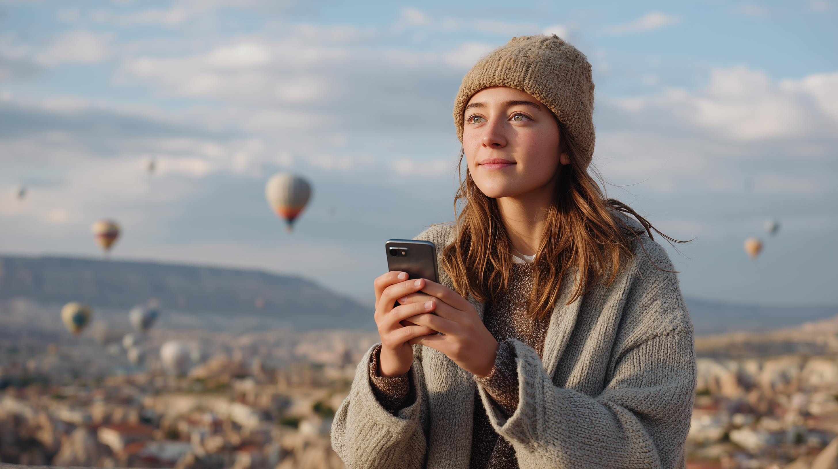 Young Female Video calling Family with hot air balloons in Cappadocia in the background