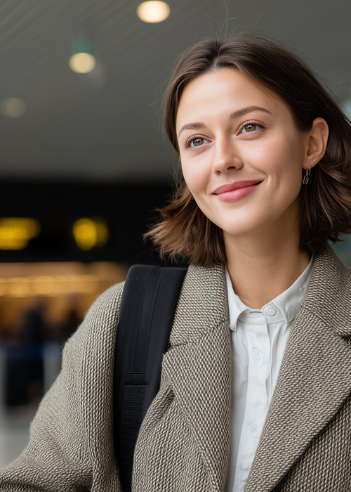 Confident young woman with a suitcase at arrivals lounge at modern airport
