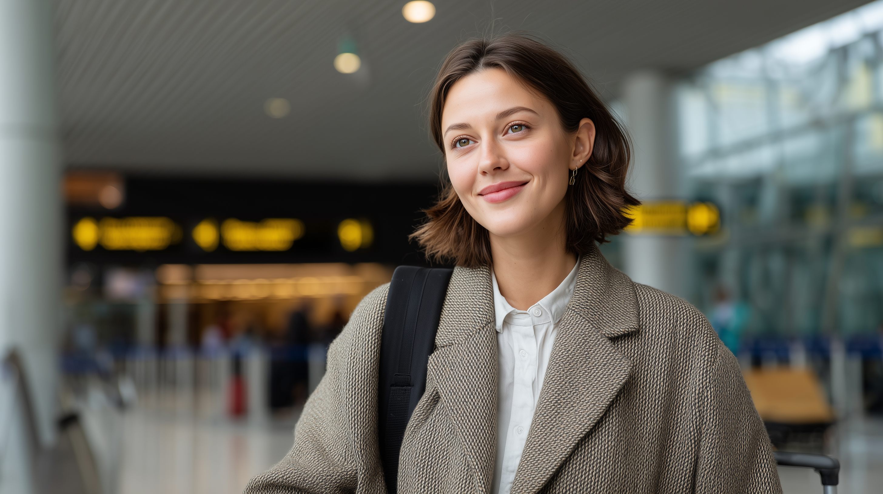 Confident young woman with a suitcase at arrivals lounge at modern airport