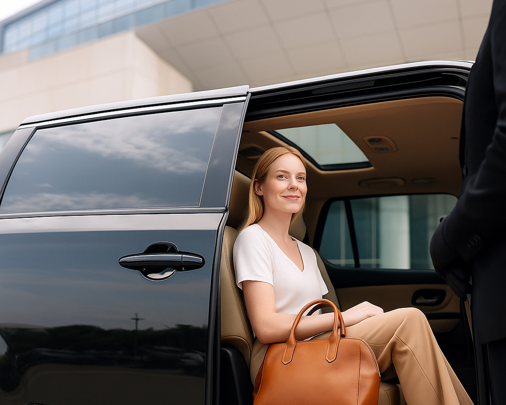 female patient sitting at the backseat of private car