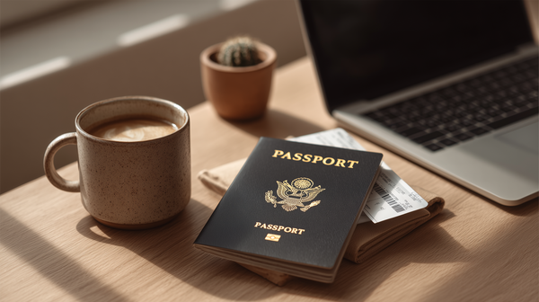 A passport and coffee mug on a desk reading visa requirements 