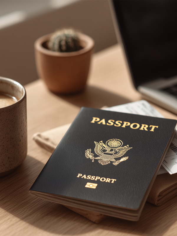 A passport and coffee mug on a desk reading visa requirements