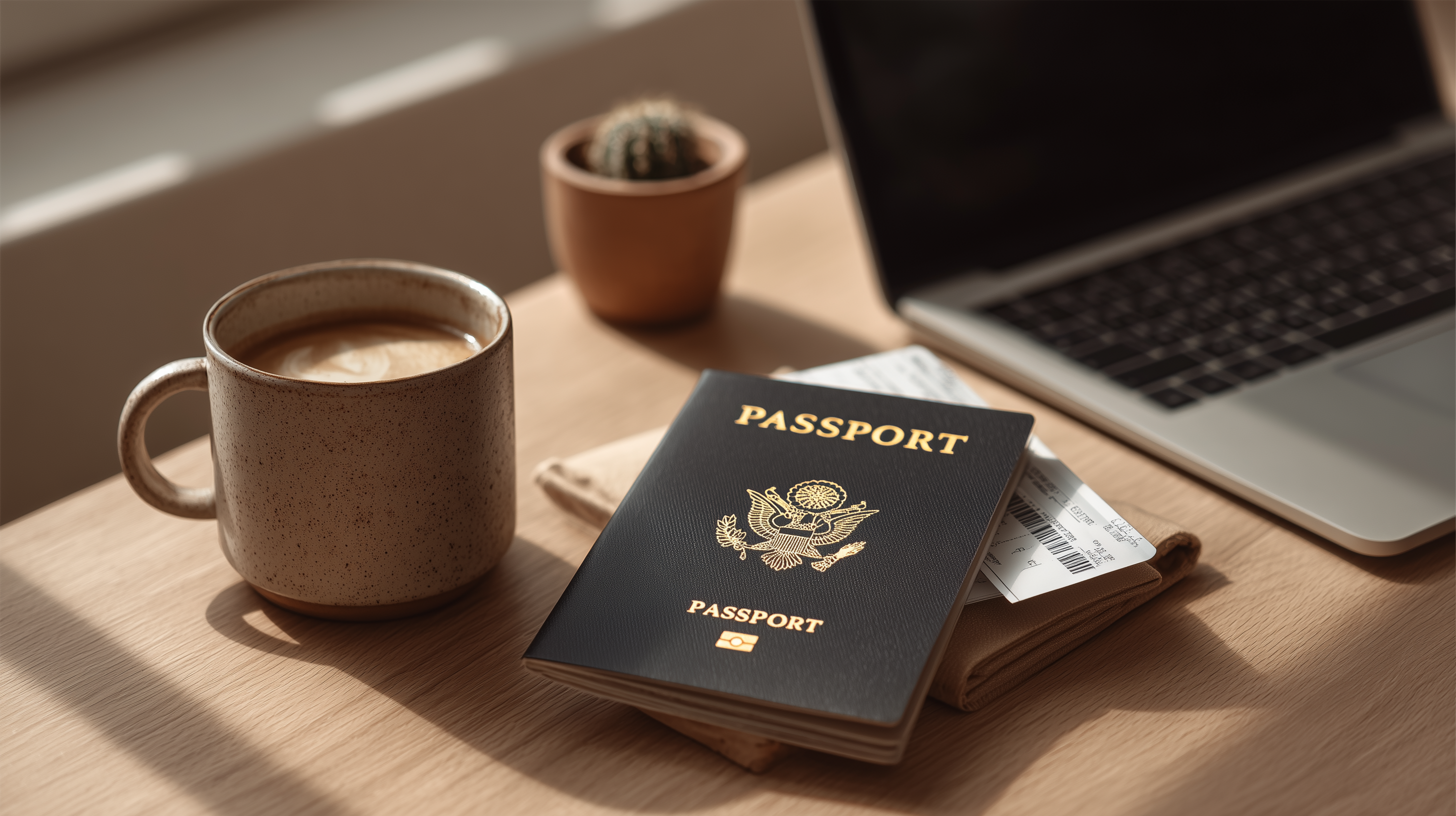 A passport and coffee mug on a desk reading visa requirements 