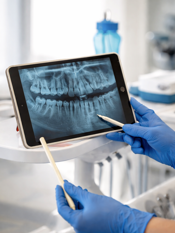 Dentist reviewing a digital dental X-ray on a tablet, highlighting modern diagnostic technology in a professional dental clinic.