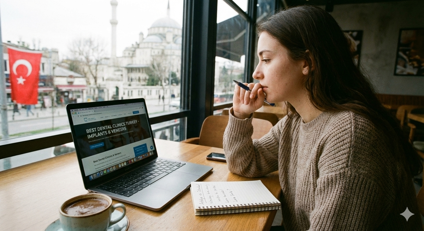 young female considering dental treatment in Turkey doing research about dental clinics