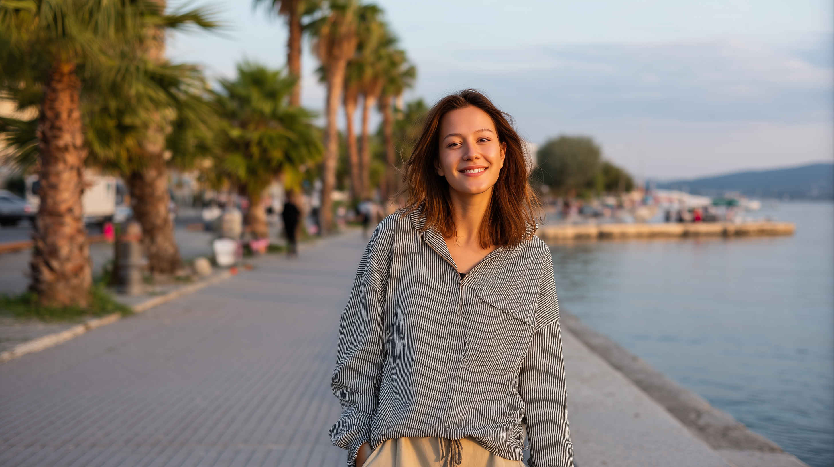 Young woman with a relaxed smile walking along the pier